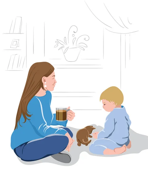 Η μητέρα βλέπει ειρηνικά το παιδί της να παίζει με ένα γατάκι πίνοντας ένα φλιτζάνι καφέ. — Διανυσματικό Αρχείο