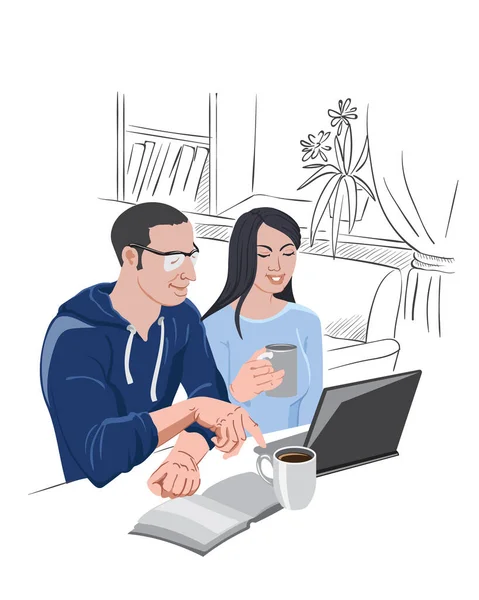 Чоловік і жінка спостерігають за ноутбуком, п'ючи чашку кави — стоковий вектор
