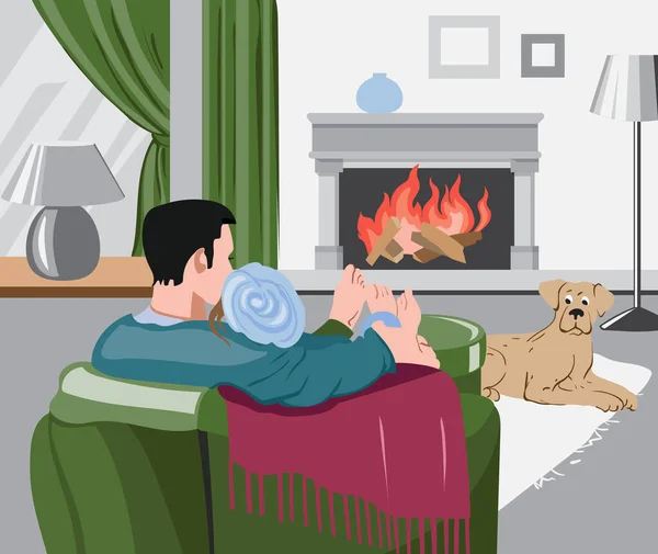 Man and woman peacefully watching the wood burning in the fireplace hugging each other, while their dog is laying on the carpet — Stock Vector