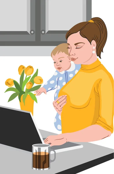 Madre con su bebé en sus manos trabajando en el portátil, cerca de un jarrón lleno de tulipanes, y bebiendo café — Vector de stock
