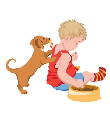 Ağzında emzik olan köpek yemeğini çalan bir çocukla oynamaya çalışıyor.