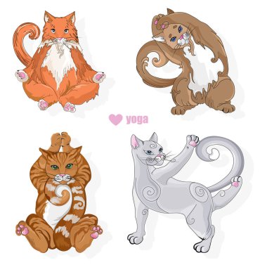 Yoga pozları veren farklı renklerde bir kedi. Vektörler