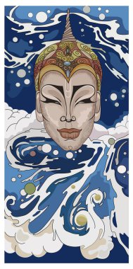 Etrafında su ve dalgalar akan bir kadının kafasının soyut çizimi.