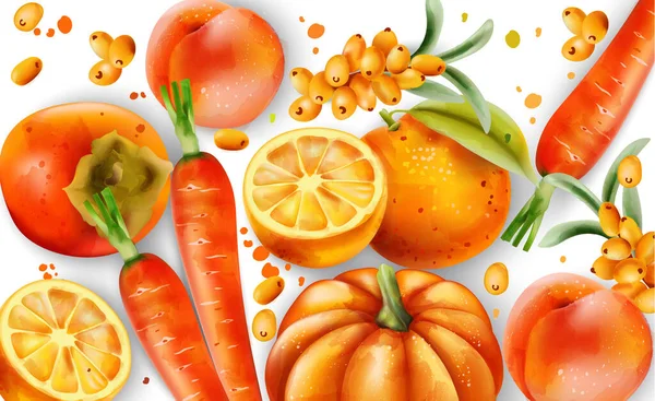 Composición de frutas y verduras de naranja. Naranjas, zanahorias, calabazas, melocotones y bayas de pirata — Vector de stock