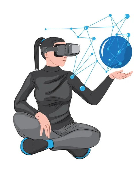 Donna in realtà virtuale auricolare creando una rete nel suo palmo — Vettoriale Stock