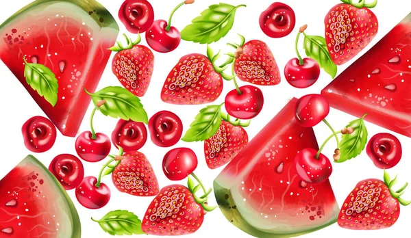 Zomerbessen met watermeloen, kersen en aardbeien — Stockvector