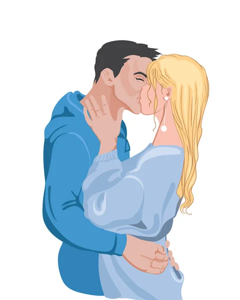 Happy young couple with colorful blue clothes preparing to kiss — Stock Vector