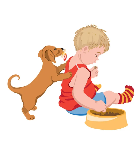 Dog with pacifier in mouth trying to play with a kid that is stealing his food — Stock Vector