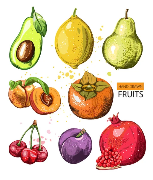 Összetétel akvarell kézzel rajzolt gyümölcsökkel. Gránátalma, avokádó, birs, körte, őszibarack, cseresznye, gránátalma — Stock Vector