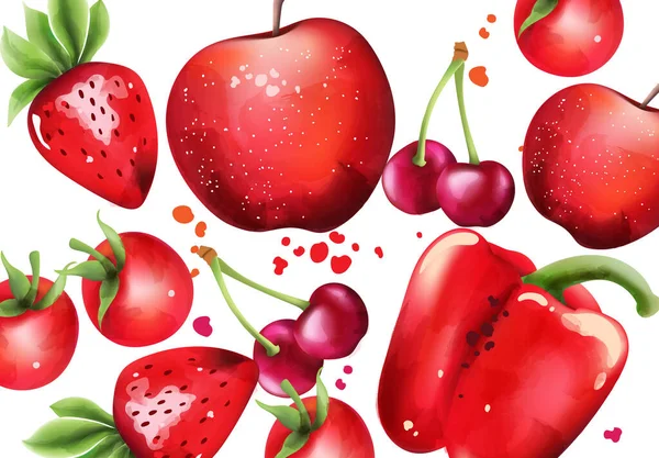 Composición con frutas y verduras rojas. Cereza, fresa, pimienta — Vector de stock