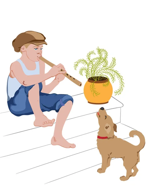 Young boy sitting on stairs and singing on pipe with his dog — Stock Vector