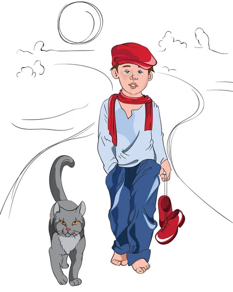 Mały chłopiec w czerwonych i niebieskich ubraniach spacerujący ścieżką z kotem — Wektor stockowy