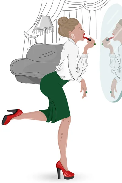 Mladá elegantní žena ve spěchu maluje rty v zrcadle. Nosí červené vysoké podpatky a zelenou sukni — Stockový vektor