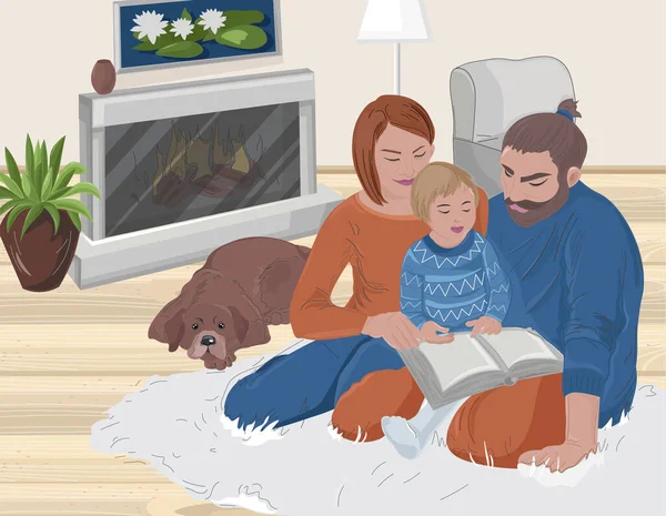 Молода сім'я читає зі своєю дитиною книжку. Затишна домашня атмосфера зі сплячою собакою та каміном — стоковий вектор