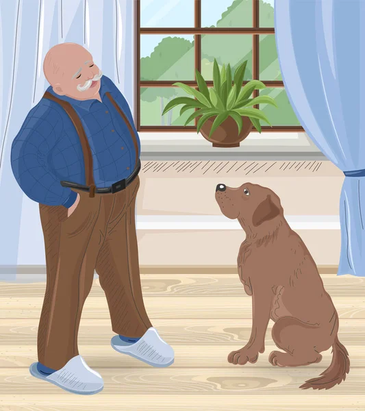 Senior bald man with mustache talking to his dog inside house — Stock Vector