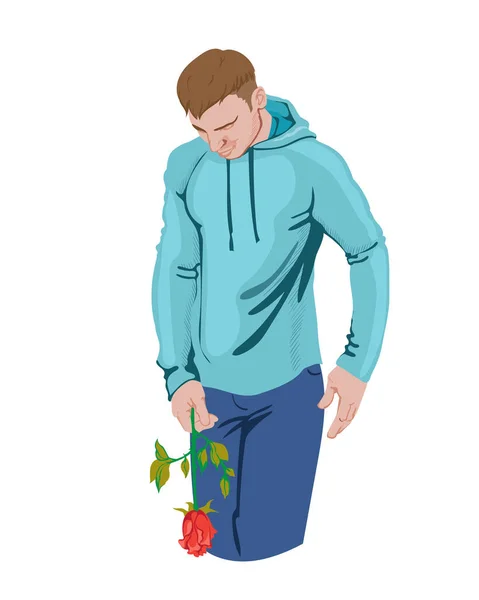 Άντρας που κρατάει ένα τριαντάφυλλο στο χέρι του. Αθλητικά ρούχα. Πολύχρωμο — Διανυσματικό Αρχείο