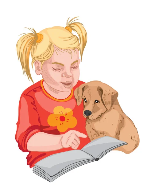 Little girl and a puppy reading a book. Colorful. Blonde hair — Stock Vector