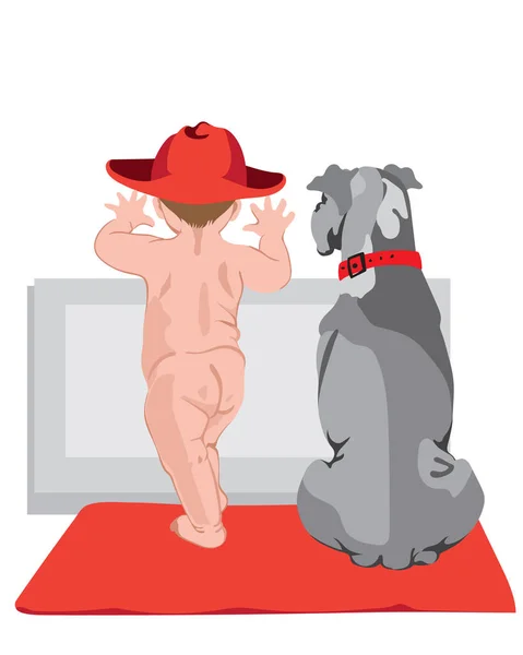 Bare skin baby with red hat and a dog with red collar watching the white background. Red carpet — Stock Vector