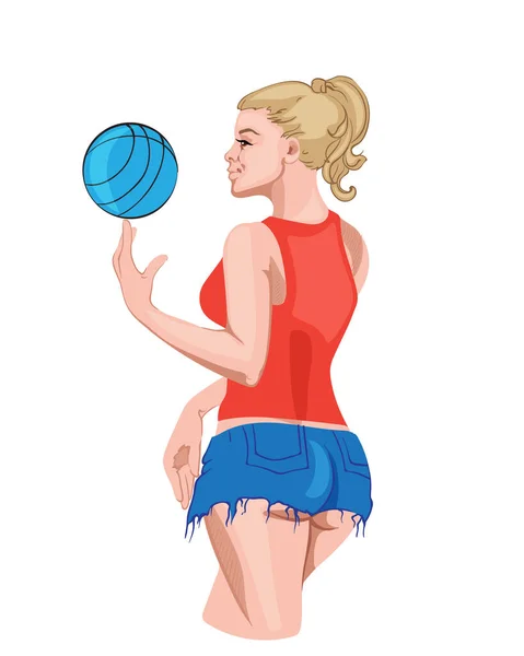 Fille en jeans shorts filer un basket sur son doigt — Image vectorielle