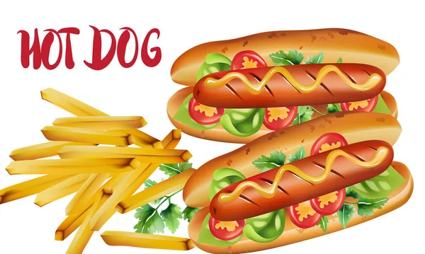 Composition de deux hot-dogs aux tomates cerises, basilic, persil et moutarde, près d'une portion de frites — Image vectorielle