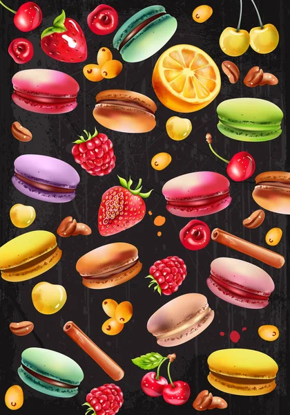 Wzór zawierający makarony, maliny, truskawki, wiśnie białe i czerwone, ziarna kawy, paluszki cynamonowe i jagody pirakanty — Wektor stockowy