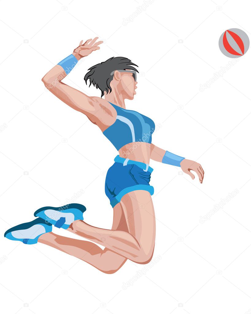 Young girl playing volleyball in blue sport outfit