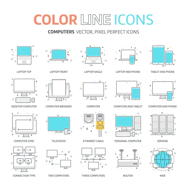 Línea de color, ilustraciones de conexión de computadora, iconos — Vector de stock