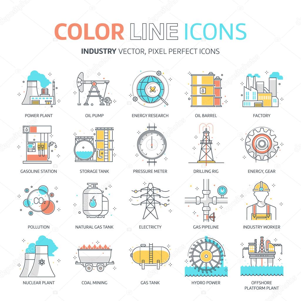 Color line, energy industry illustrations, icons