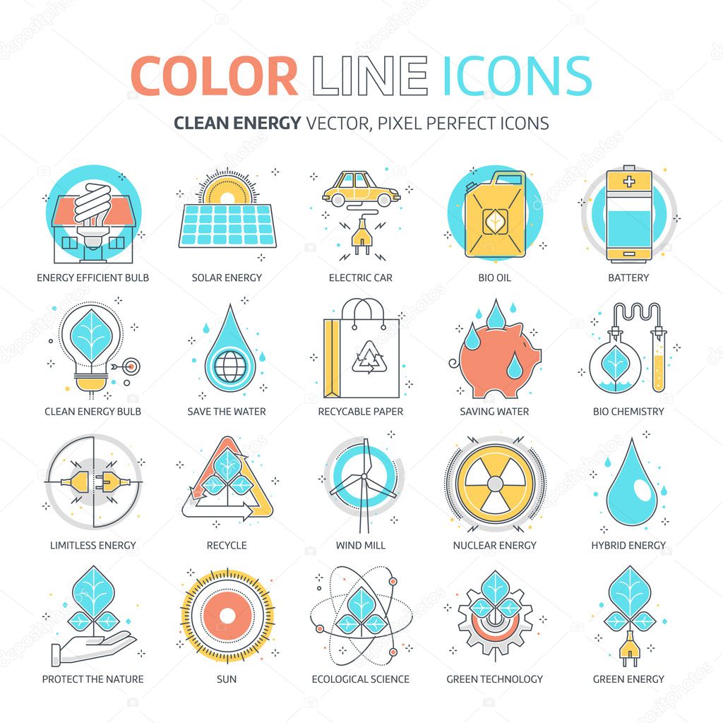 Color line, green energy illustrations, icons