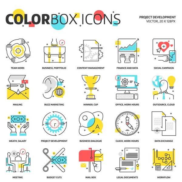 Ícones de caixa de cor, ilustrações de conceito de desenvolvimento de projeto, ícone —  Vetores de Stock