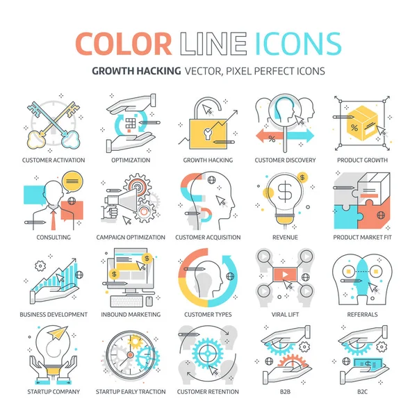 Línea de color, ilustraciones de growth hacking, iconos — Vector de stock