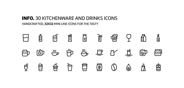 Menaje de cocina, bebidas mini línea, ilustraciones, iconos — Vector de stock