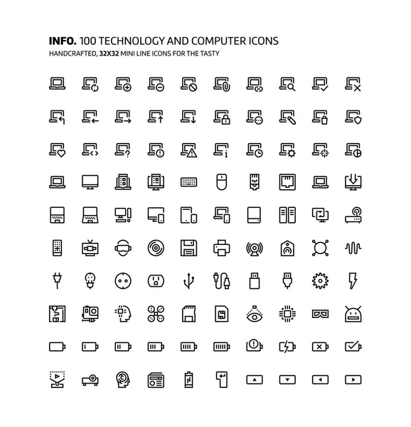 Tecnología y ordenadores mini línea, ilustraciones, iconos — Vector de stock