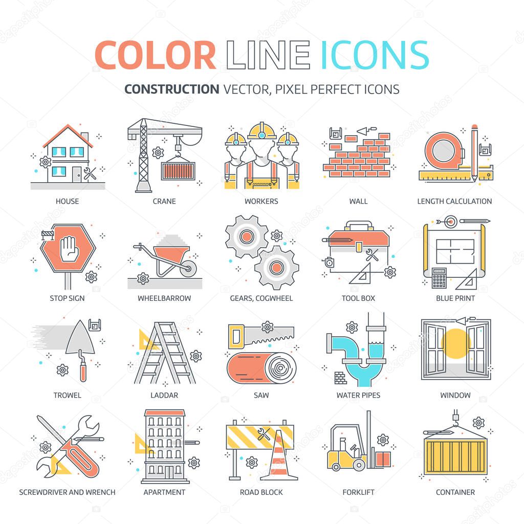 Color line,  construction illustrations, icons