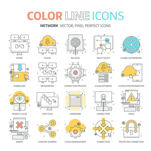 Línea de color, ilustraciones de redes, iconos — Vector de stock