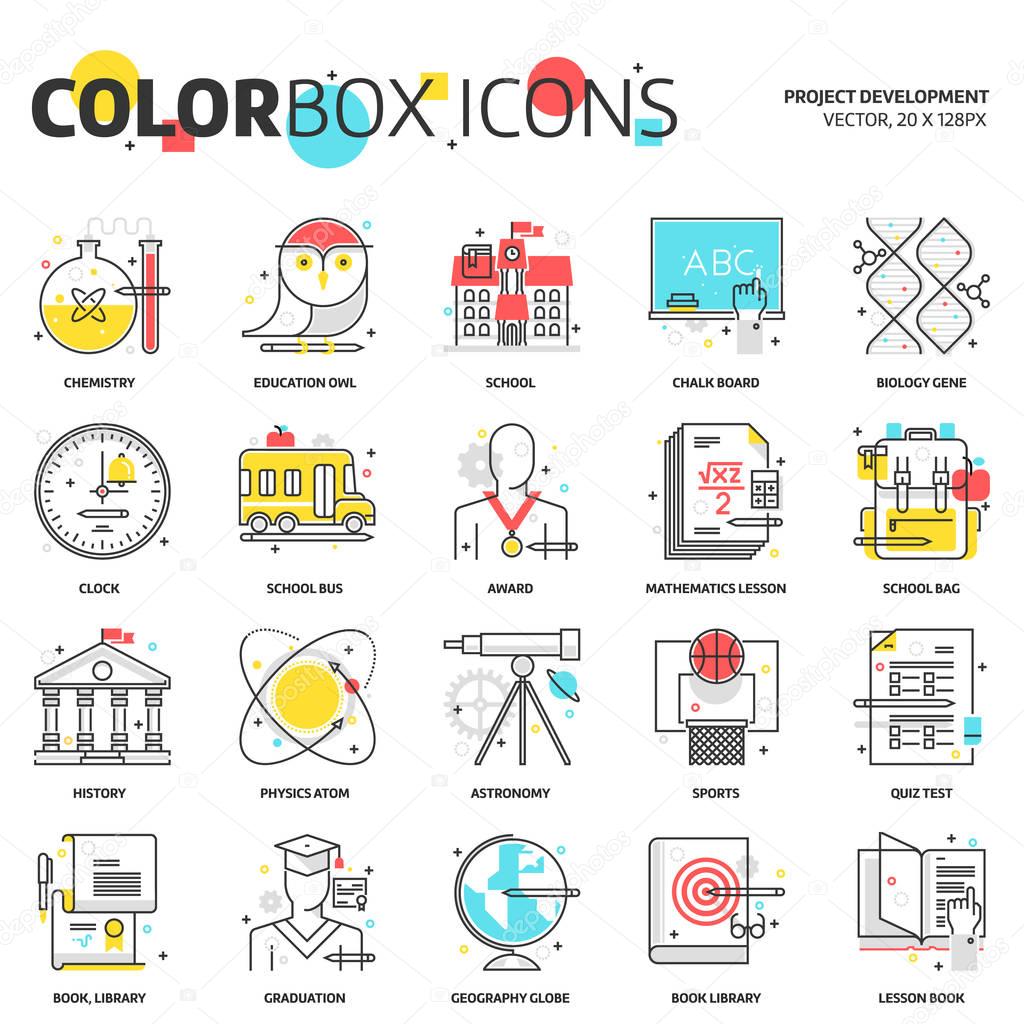 Color box icons, education icons, backgrounds and graphics