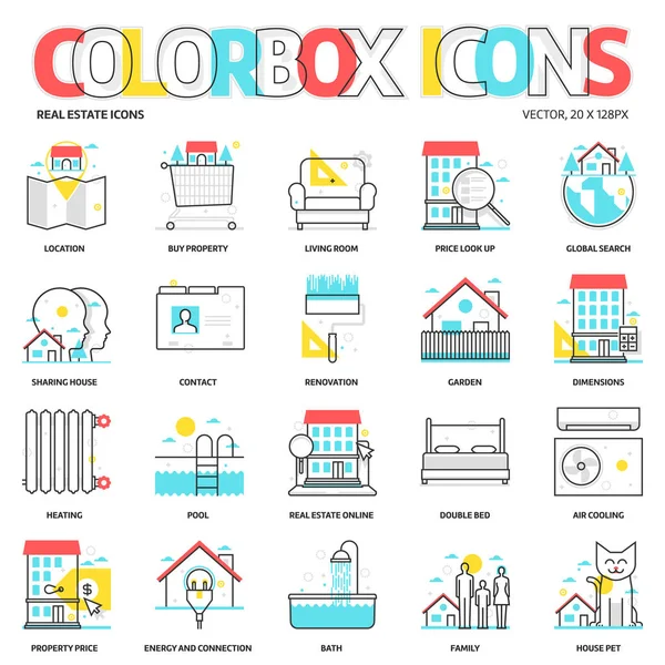 Iconos de caja de color, fondos inmobiliarios y gráficos — Vector de stock