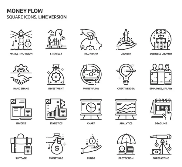 Geld stroom, vierkante pictogrammenset. — Stockvector