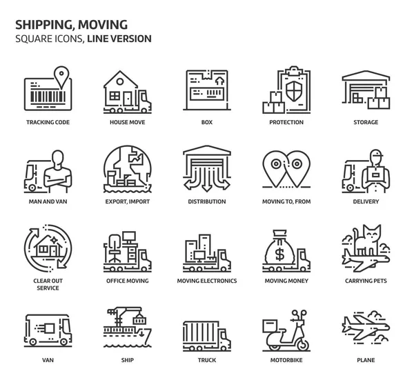 Déplacement, expédition, ensemble d'icônes carrées . — Image vectorielle