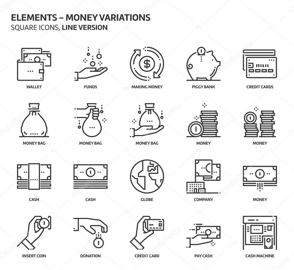 Money elements, square icon set.