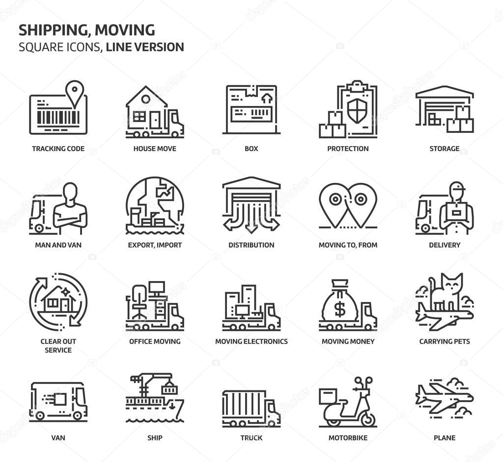 Moving, shipping, square icon set. 