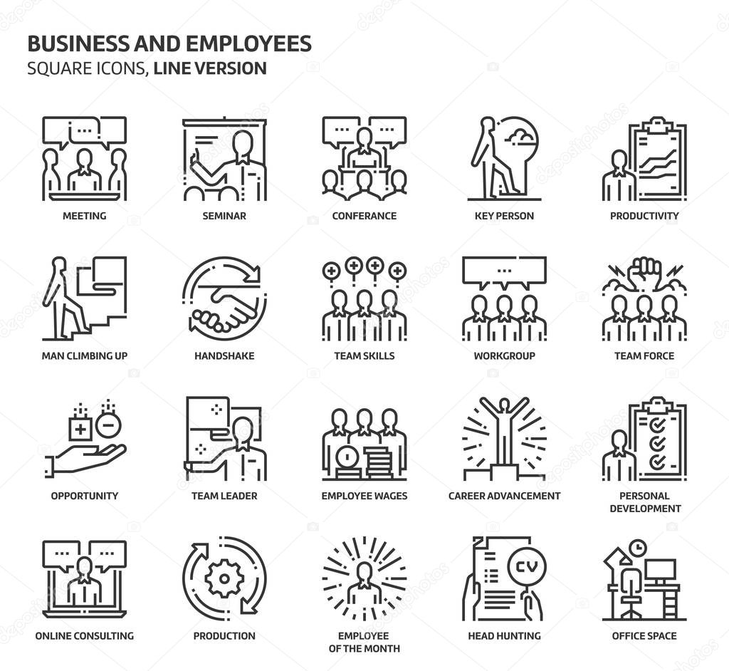 Business and employees, square icon set