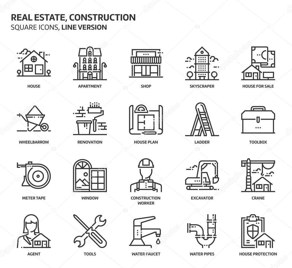 Real estate and construction, square icon set