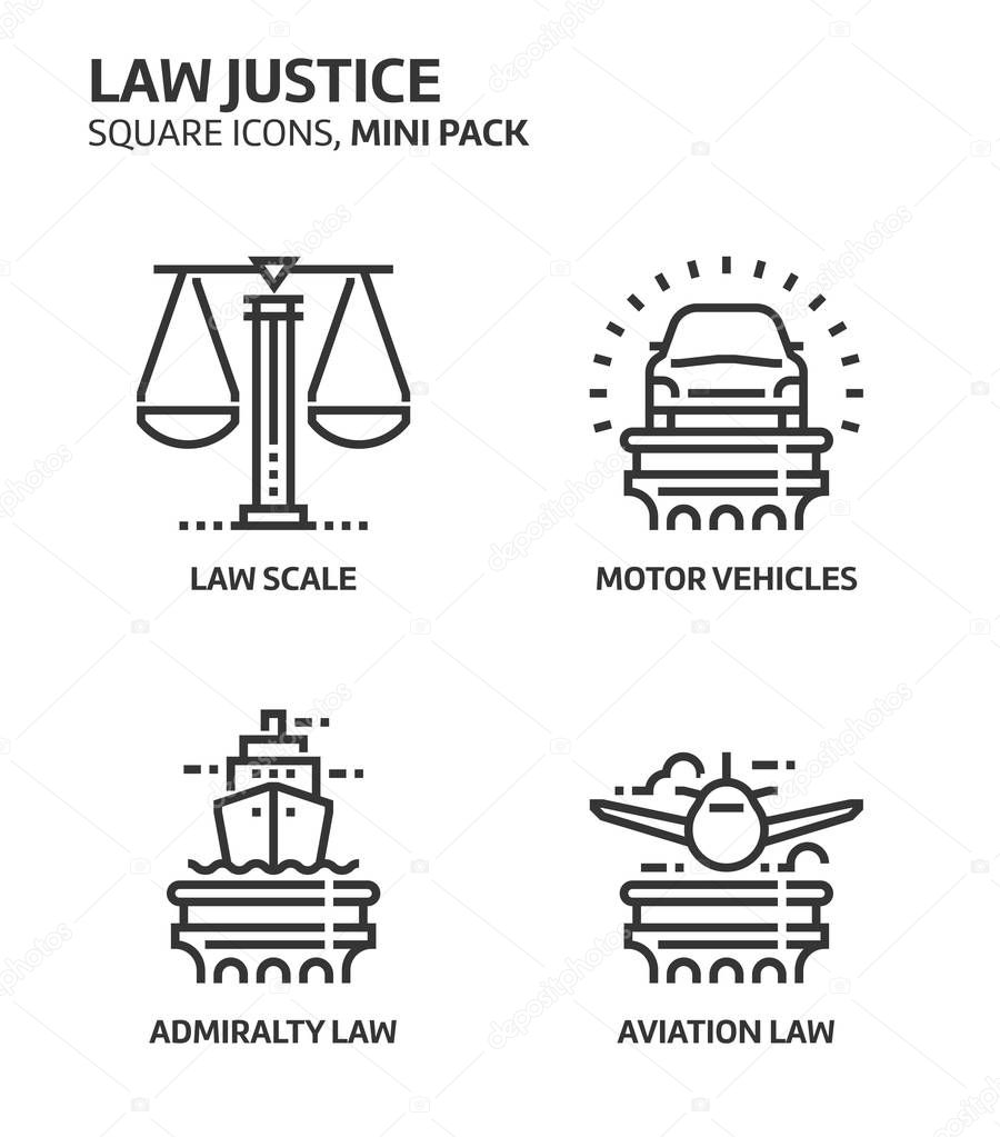 Law and justice, square mini icon set.