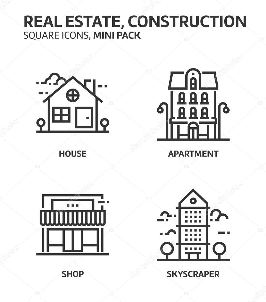 Real estate, square mini icon set.