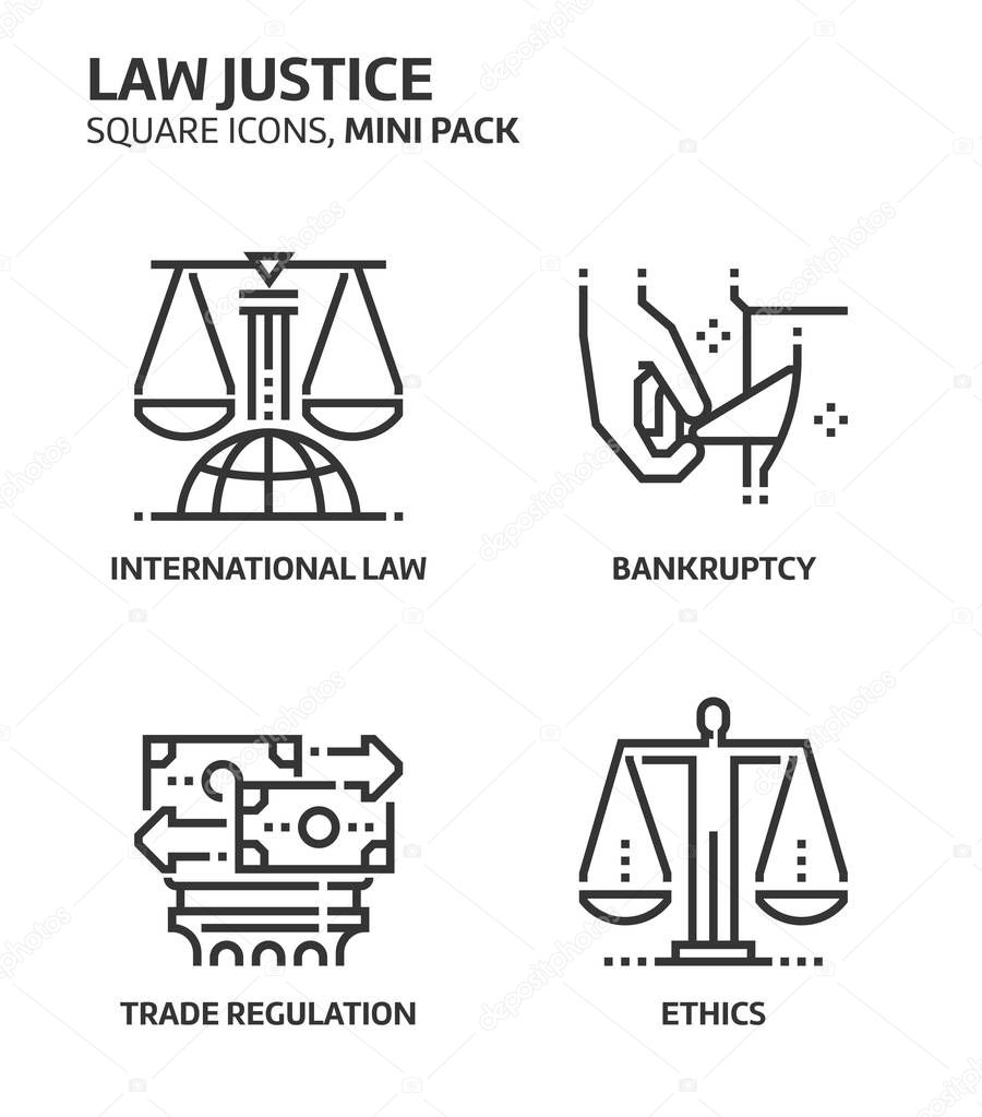Law and justice, square mini icon set.