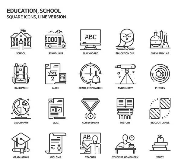 Educación, conjunto de iconos cuadrados de la escuela — Archivo Imágenes Vectoriales