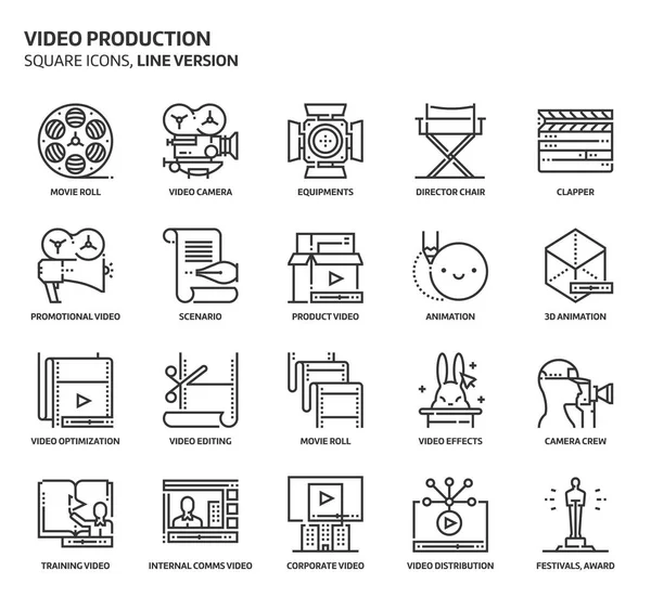 Produzione video, set di icone quadrate — Vettoriale Stock