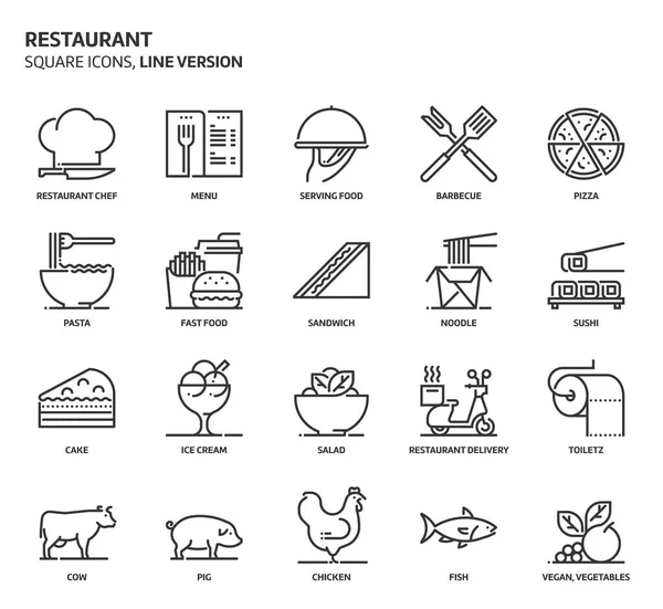 Ресторан, квадратный набор икон — стоковый вектор