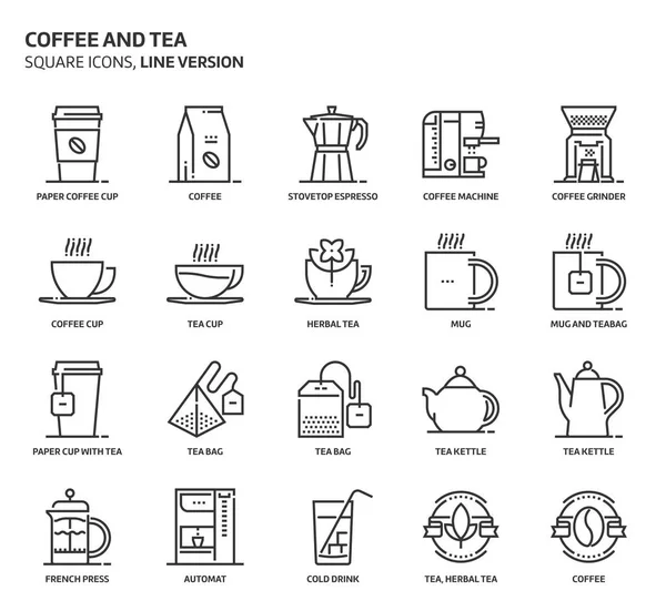 Café y té, conjunto de iconos cuadrados — Archivo Imágenes Vectoriales